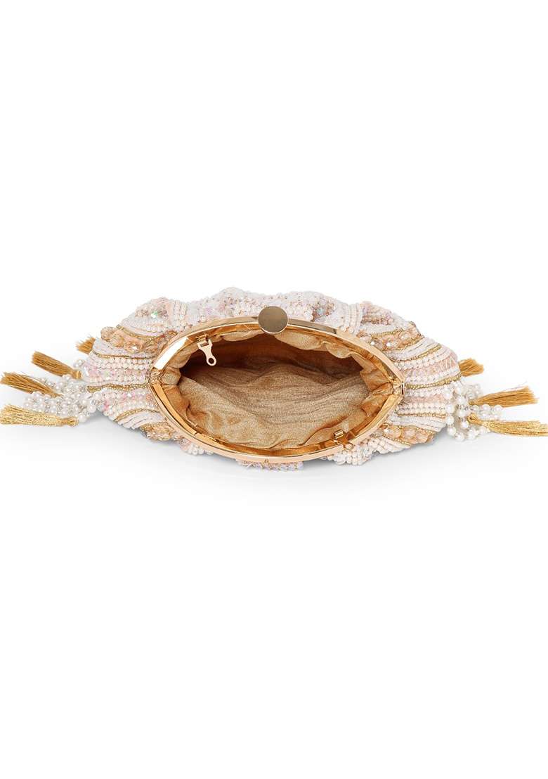Champagne Gold And Ivory Beadwork Velvet Clutch - Indya