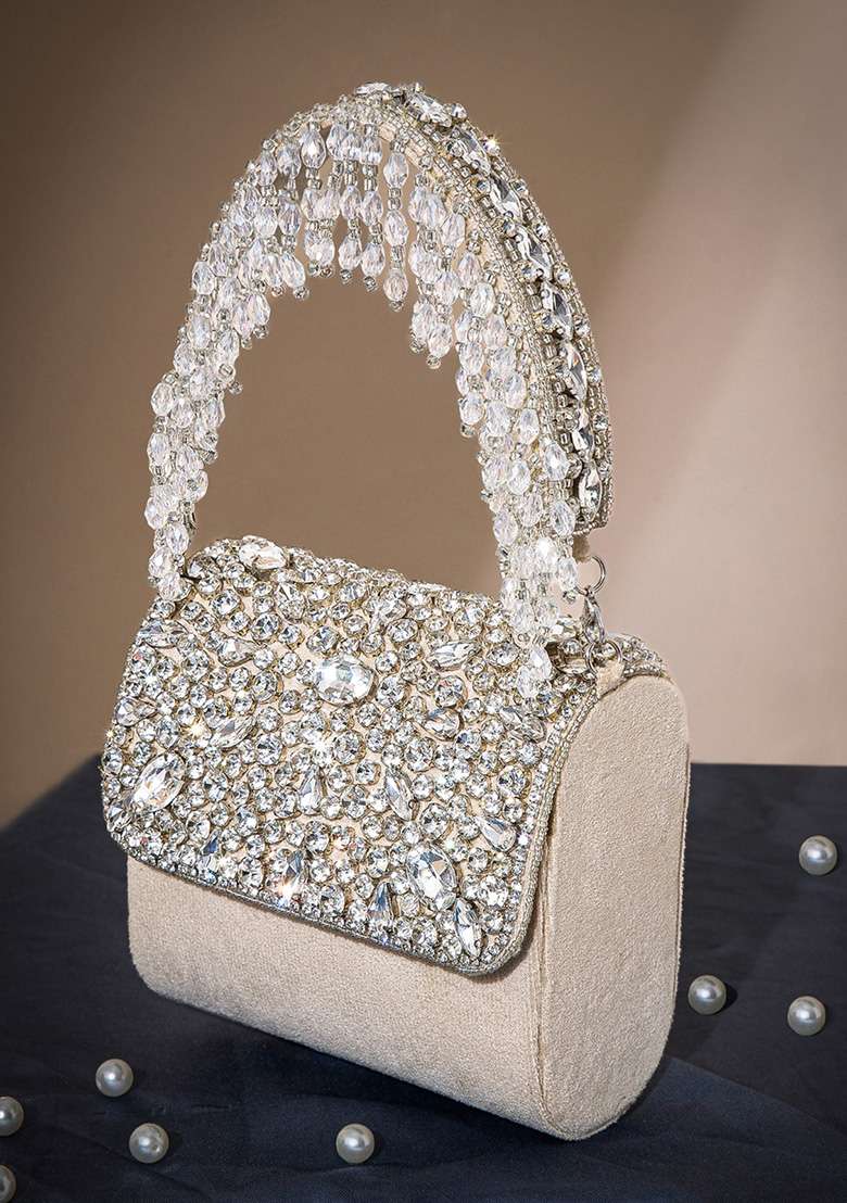 Nude Beige And Silver Beadwork Suede Clutch - Indya