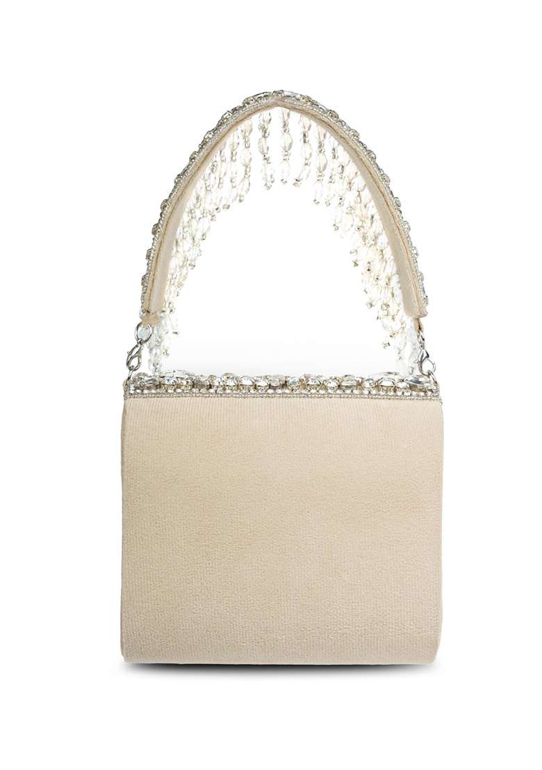 Nude Beige And Silver Beadwork Suede Clutch - Indya
