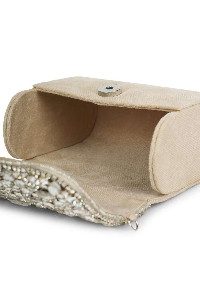 Nude Beige And Silver Beadwork Suede Clutch - Indya