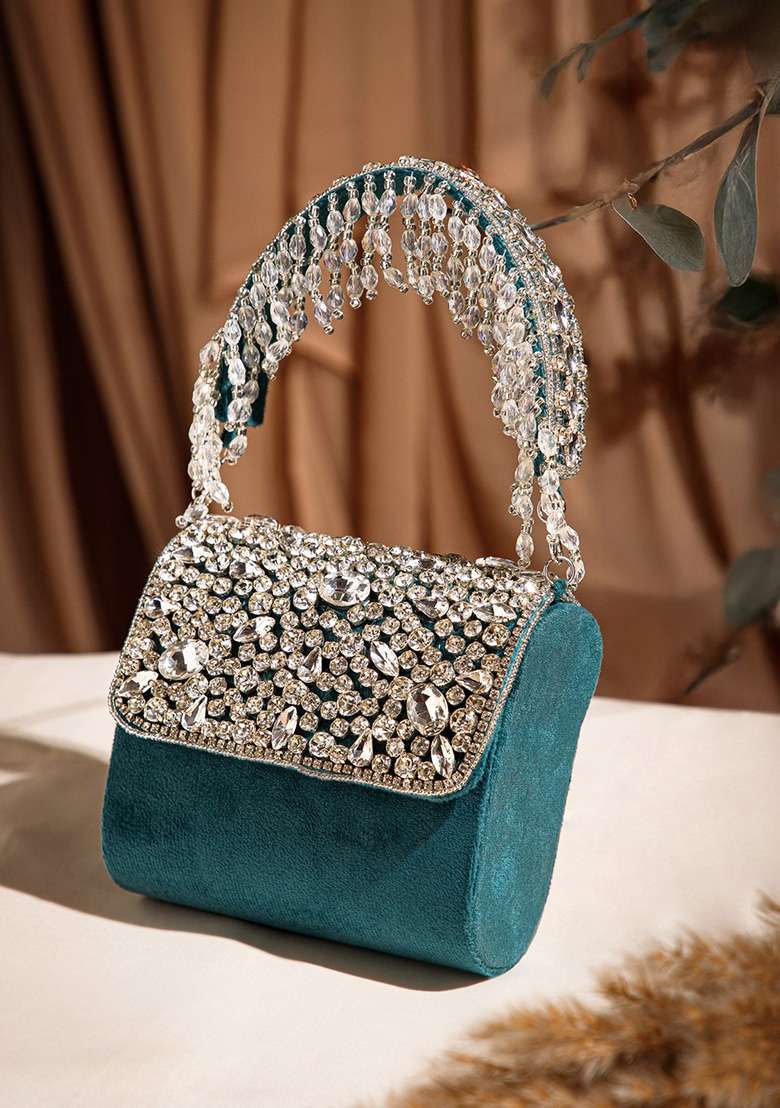 Deep Teal And Silver Beadwork Suede Clutch - Indya