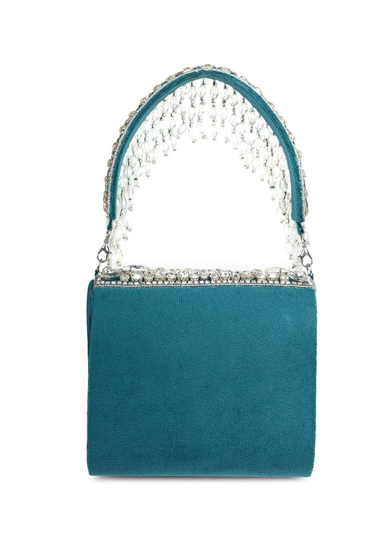 Deep Teal And Silver Beadwork Suede Clutch - Indya