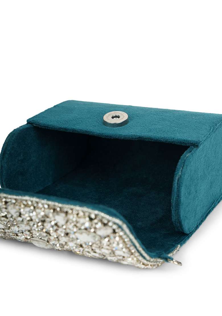 Deep Teal And Silver Beadwork Suede Clutch - Indya
