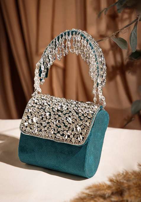 Deep Teal And Silver Beadwork Suede Clutch