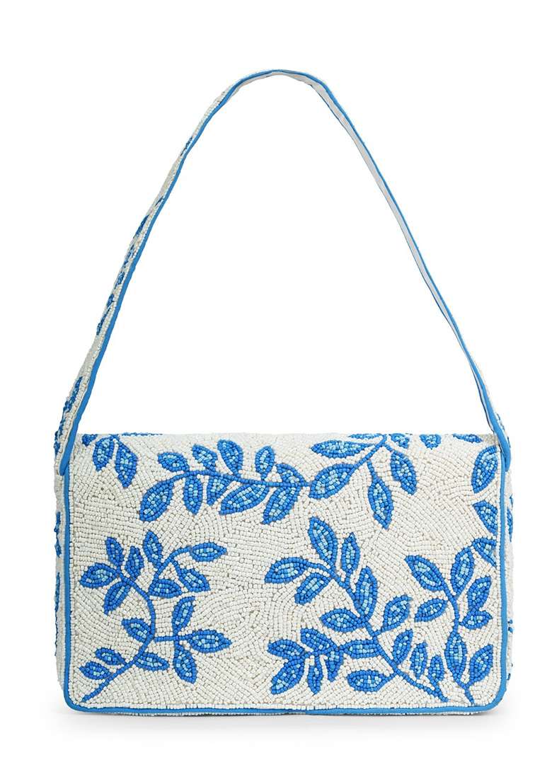 Ivory With Royal Blue Leafy Vine Motif Beaded Cotton Clutch - Indya