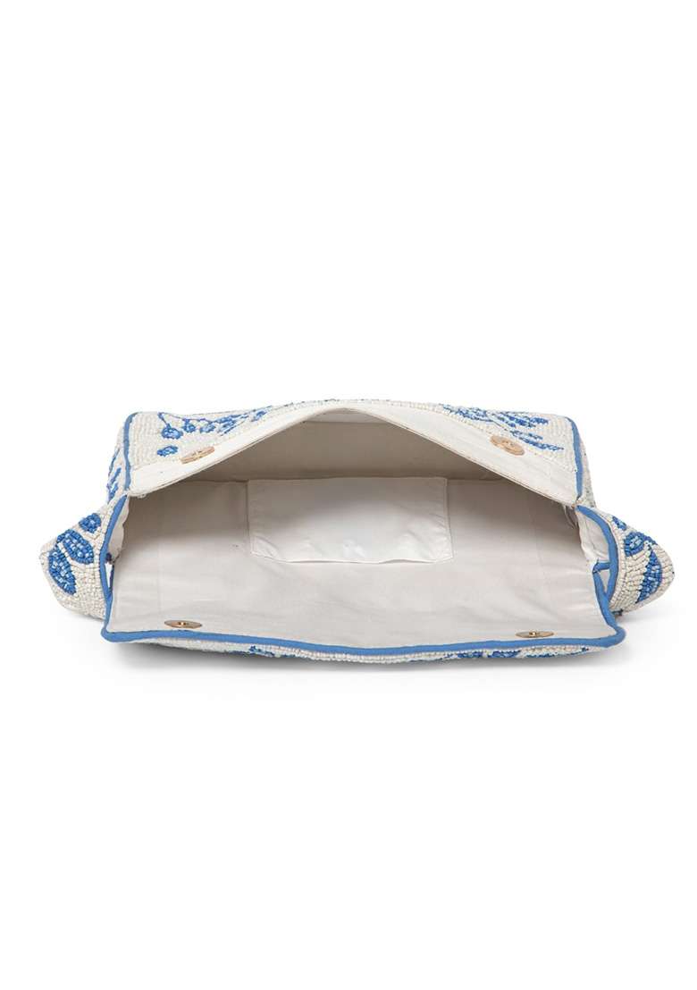 Ivory With Royal Blue Leafy Vine Motif Beaded Cotton Clutch - Indya