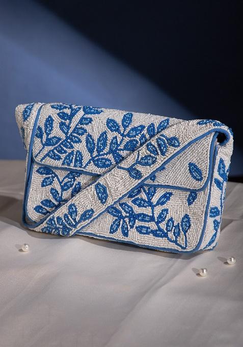 Ivory With Royal Blue Leafy Vine Motif Beaded Cotton Clutch