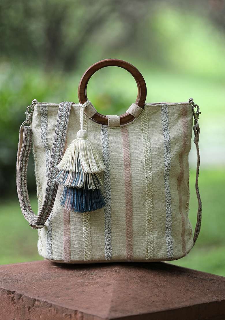 Multicolor Striped Jacquard Cotton Handheld Bag - Indya