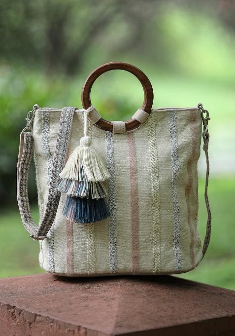 Multicolor Striped Jacquard Cotton Handheld Bag
