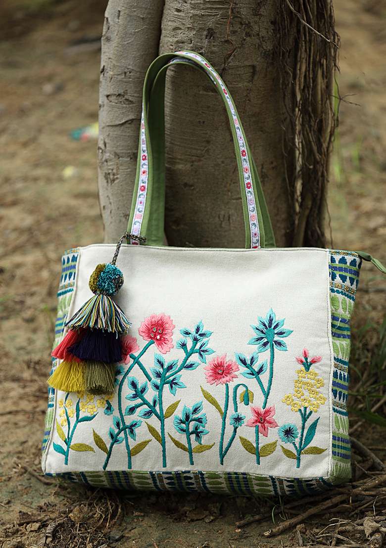 Multicolor Embroidery Cotton Tote Bag - Indya