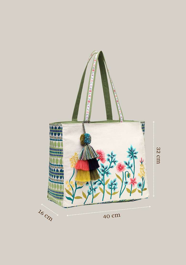 Multicolor Embroidery Cotton Tote Bag - Indya