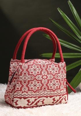 Deep Maroon And Beige Abstract Cotton Handheld Bag