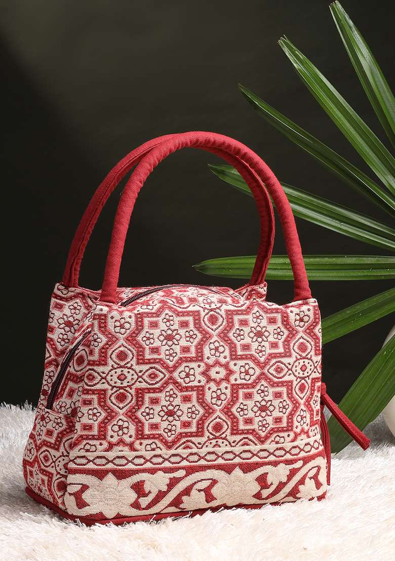 Deep Maroon And Beige Abstract Cotton Handheld Bag - Indya