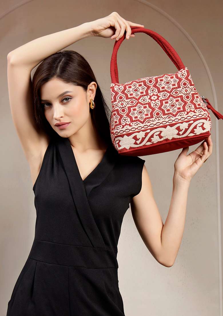 Deep Maroon And Beige Abstract Cotton Handheld Bag - Indya