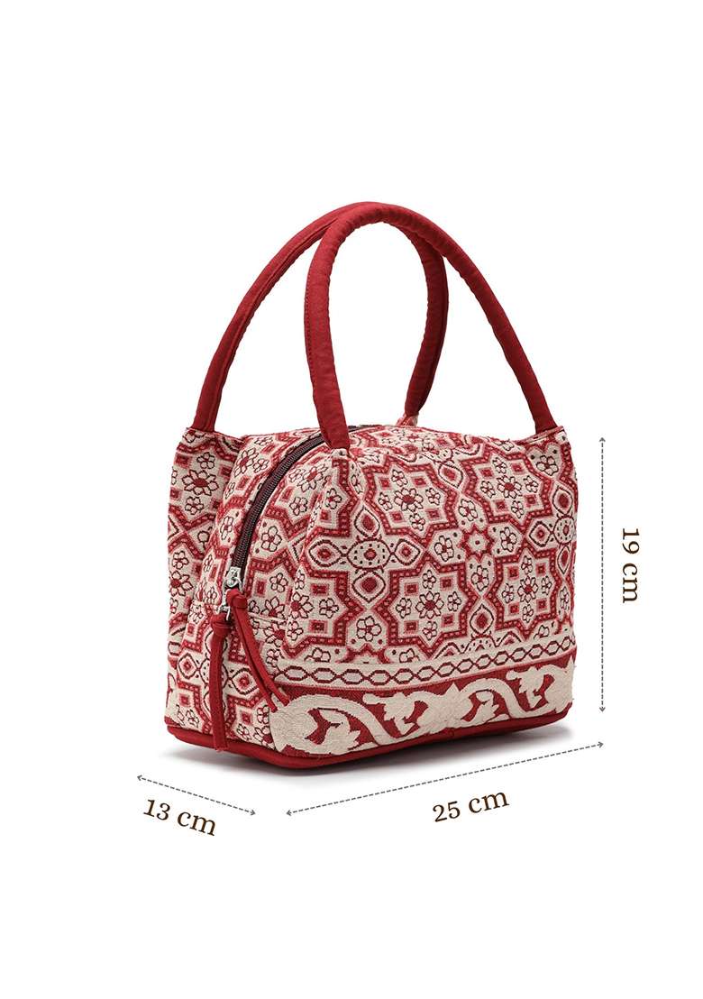 Deep Maroon And Beige Abstract Cotton Handheld Bag - Indya
