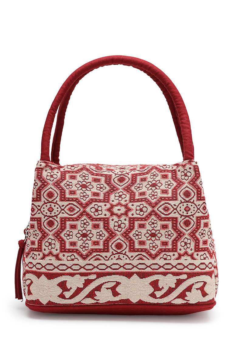 Deep Maroon And Beige Abstract Cotton Handheld Bag - Indya