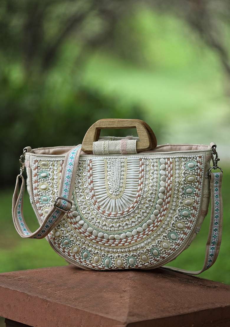 Multicolor Embellished Cotton Handheld Bag - Indya