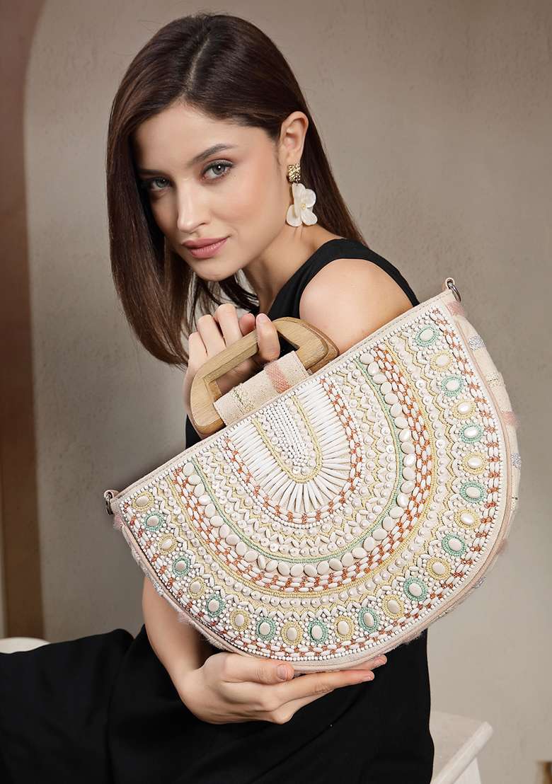 Multicolor Embellished Cotton Handheld Bag - Indya