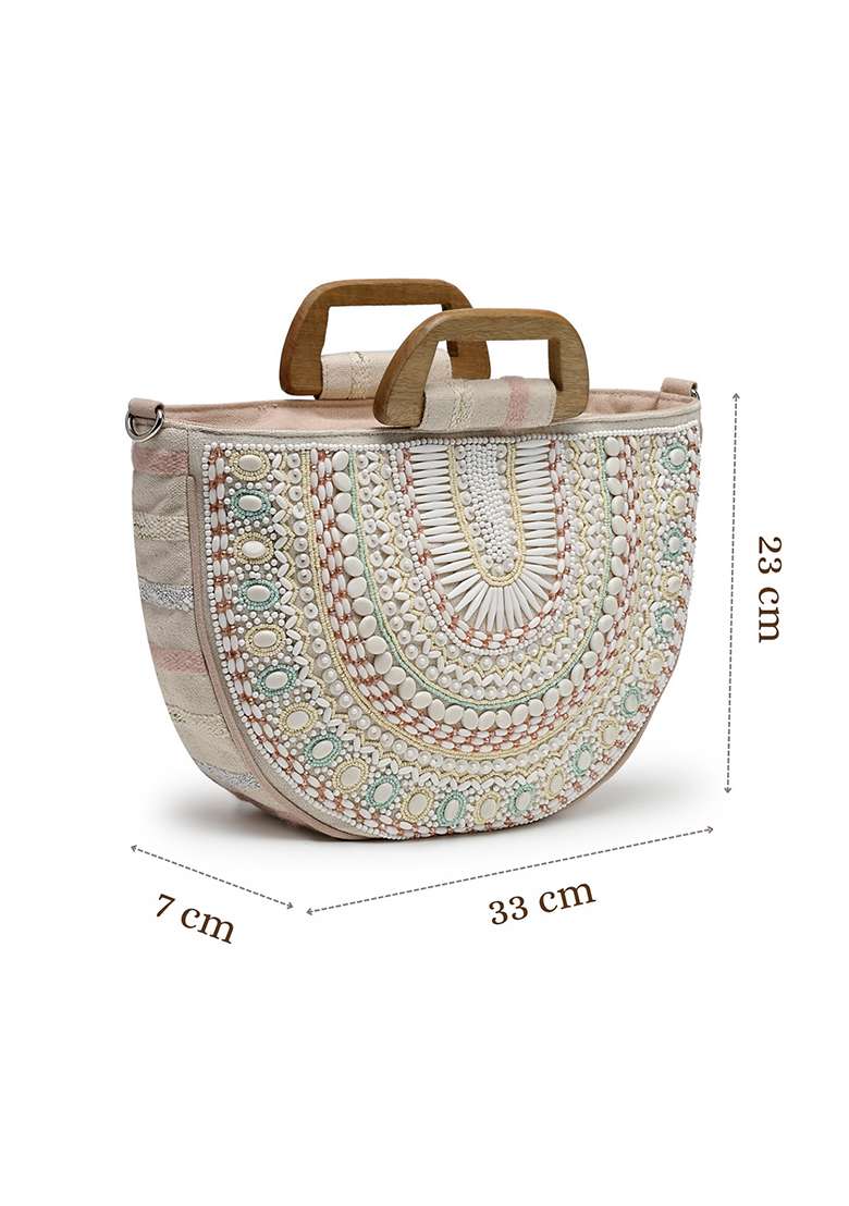 Multicolor Embellished Cotton Handheld Bag - Indya
