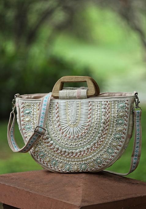 Multicolor Embellished Cotton Handheld Bag