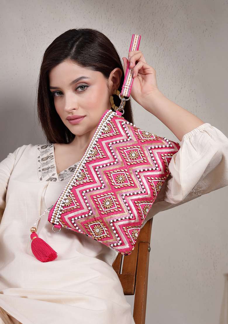 Bright Pink And Gold Embellished Cotton Sling Bag - Indya