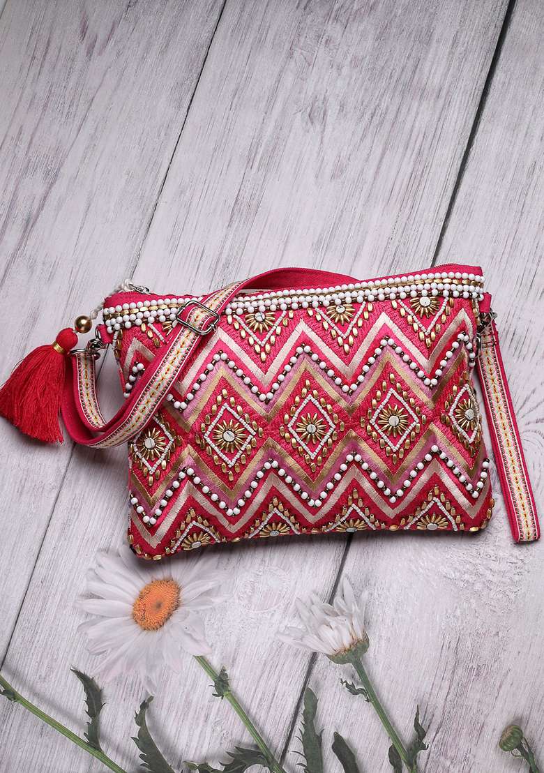 Bright Pink And Gold Embellished Cotton Sling Bag - Indya