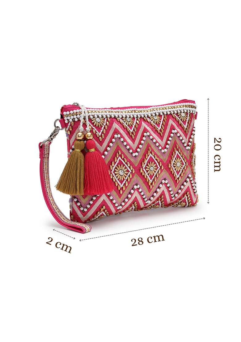 Bright Pink And Gold Embellished Cotton Sling Bag - Indya