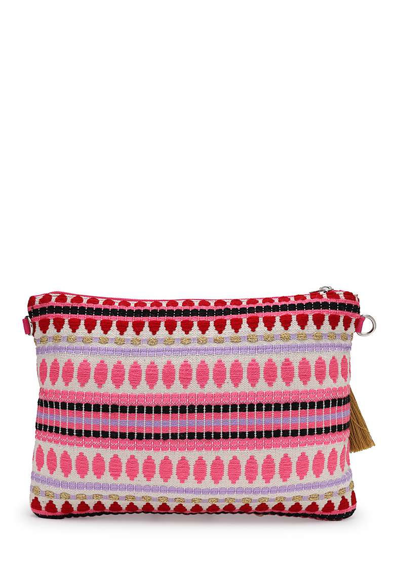 Bright Pink And Gold Embellished Cotton Sling Bag - Indya
