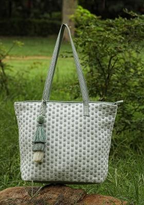Sift Sage Green And Off White Geometric Jacquard Cotton Tote Bag