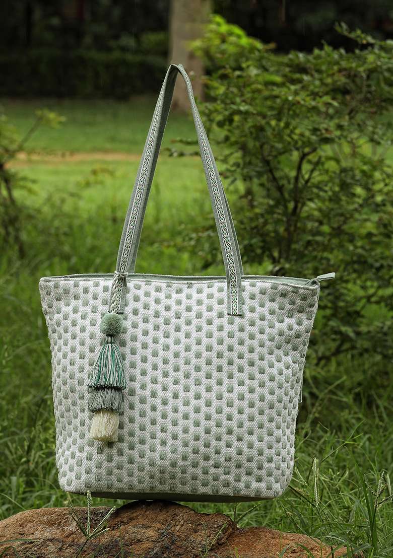 Sift Sage Green And Off White Geometric Jacquard Cotton Tote Bag - Indya