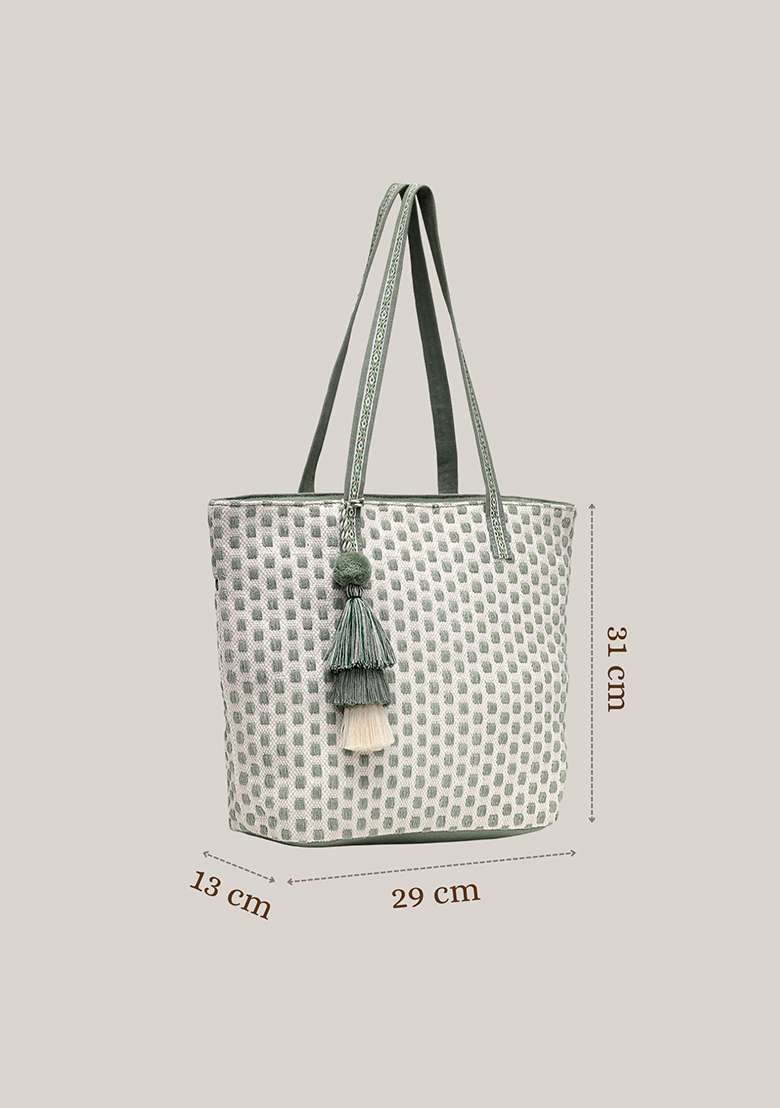 Sift Sage Green And Off White Geometric Jacquard Cotton Tote Bag - Indya