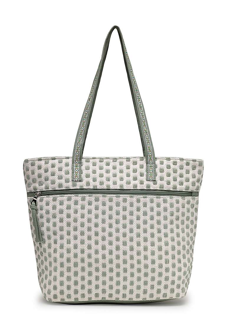 Sift Sage Green And Off White Geometric Jacquard Cotton Tote Bag - Indya