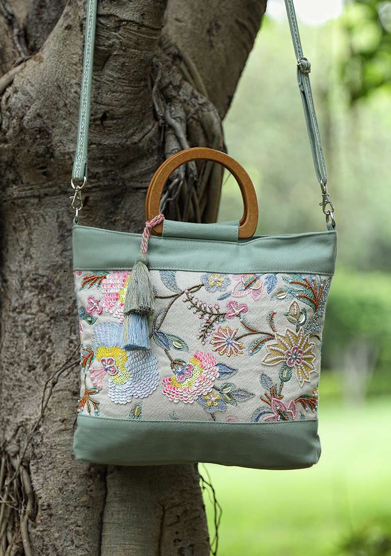 Multicolor Embellished Cotton Handheld Bag - Indya