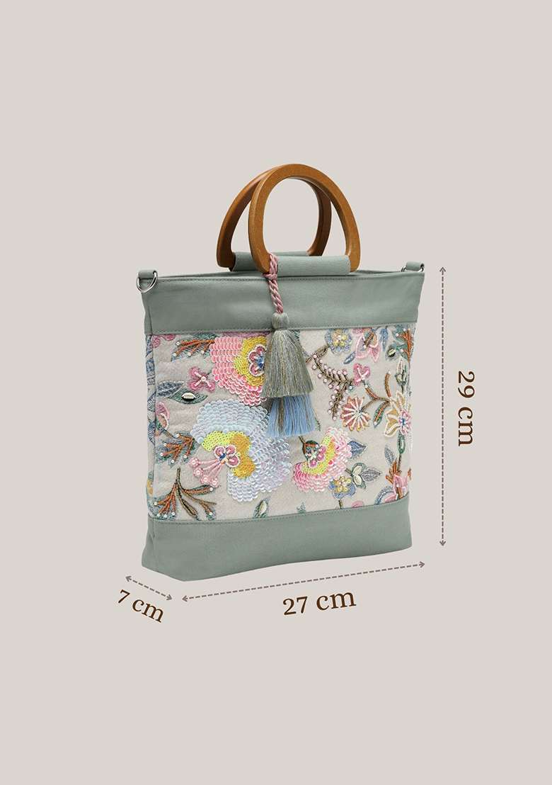 Multicolor Embellished Cotton Handheld Bag - Indya