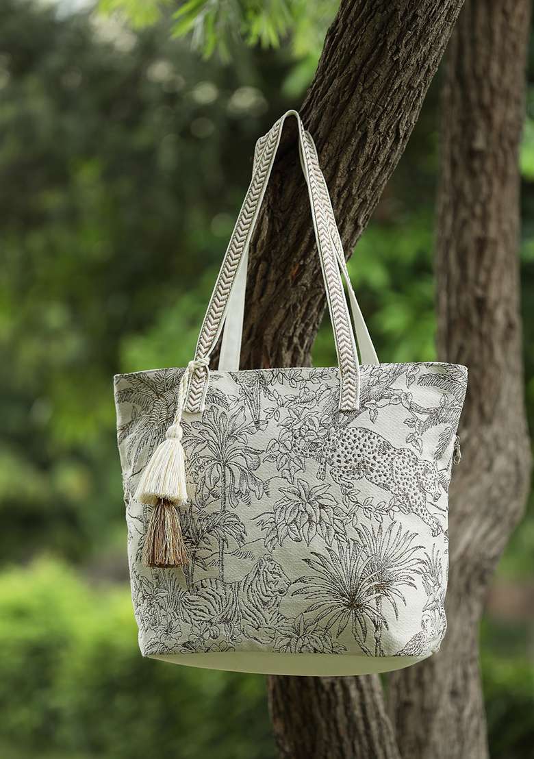 Beige And Antique Gold Jungle Toile Cotton Shoulder Bag - Indya