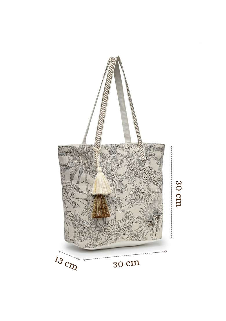 Beige And Antique Gold Jungle Toile Cotton Shoulder Bag - Indya