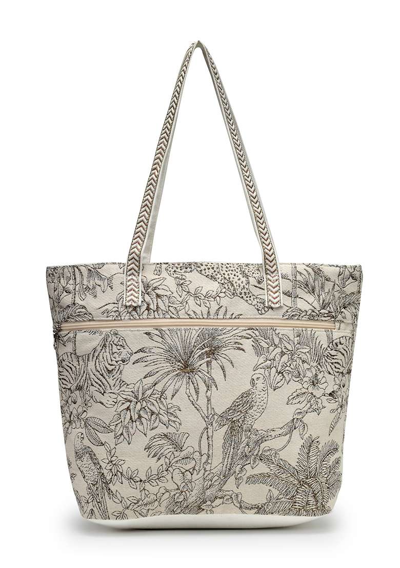 Beige And Antique Gold Jungle Toile Cotton Shoulder Bag - Indya