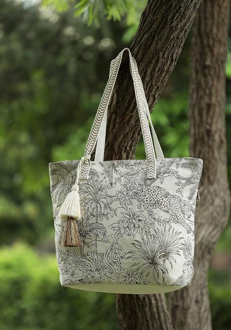 Beige And Antique Gold Jungle Toile Cotton Shoulder Bag