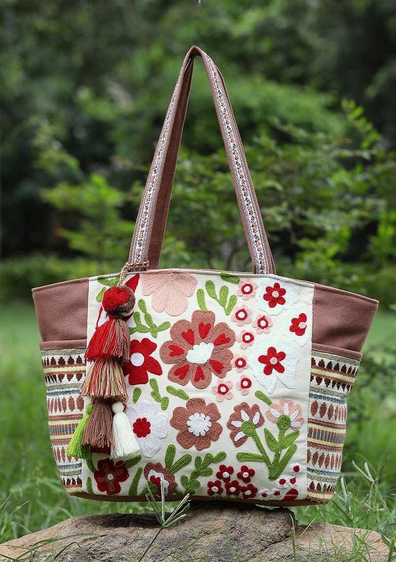 Multicolor Embroidery Cotton Tote Bag - Indya