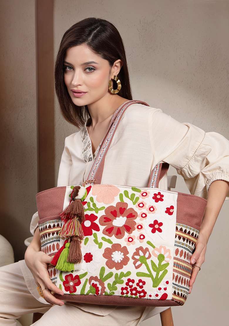 Multicolor Embroidery Cotton Tote Bag - Indya