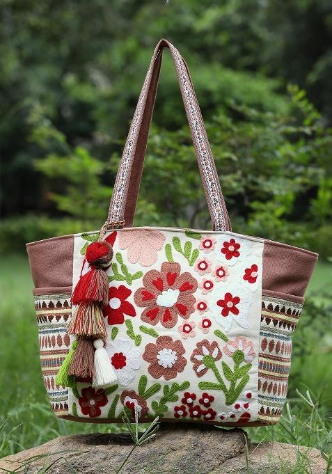 Multicolor Embroidery Cotton Tote Bag