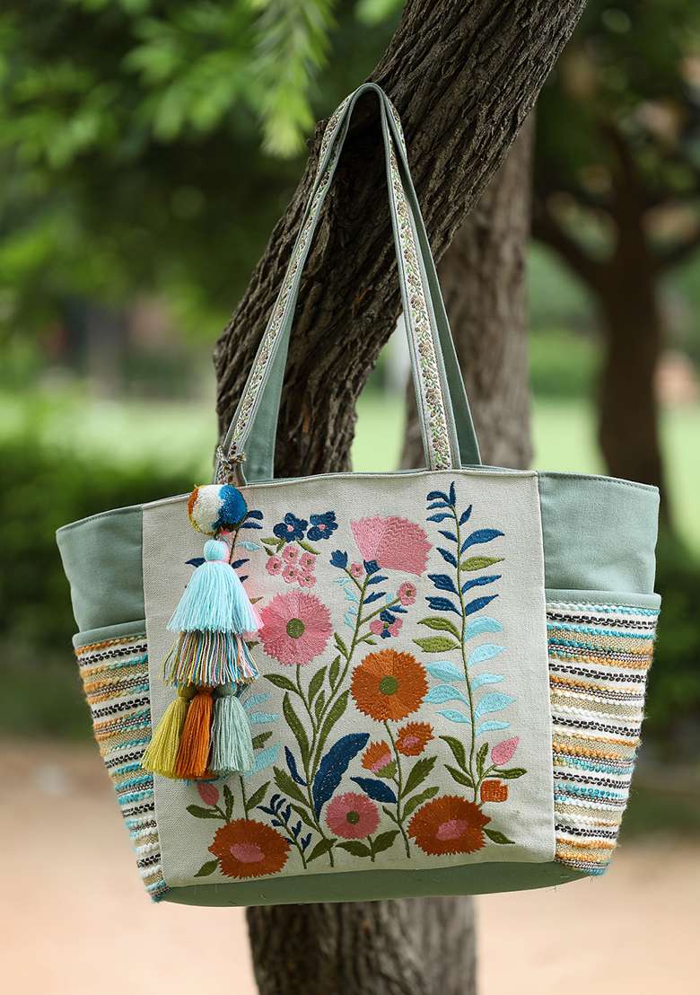Multicolor Embroidery Cotton Tote Bag - Indya