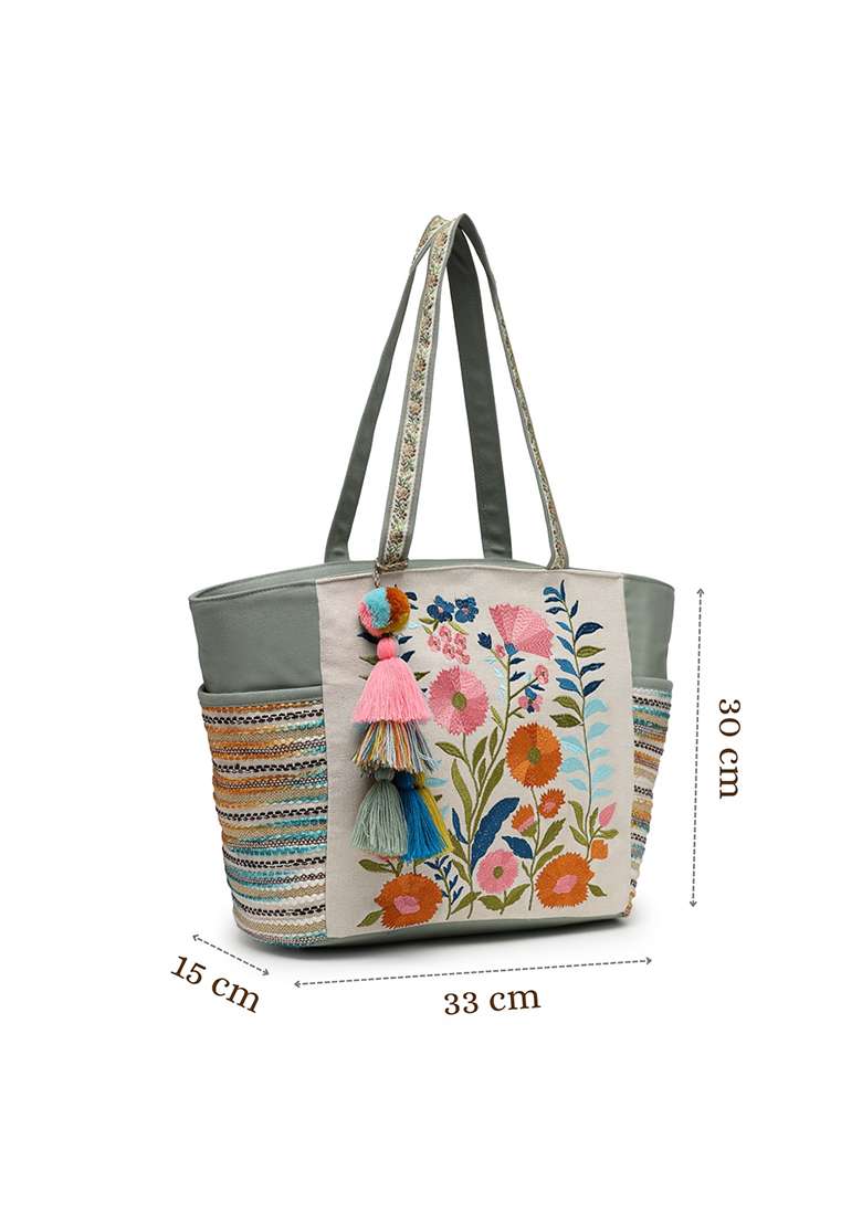 Multicolor Embroidery Cotton Tote Bag - Indya