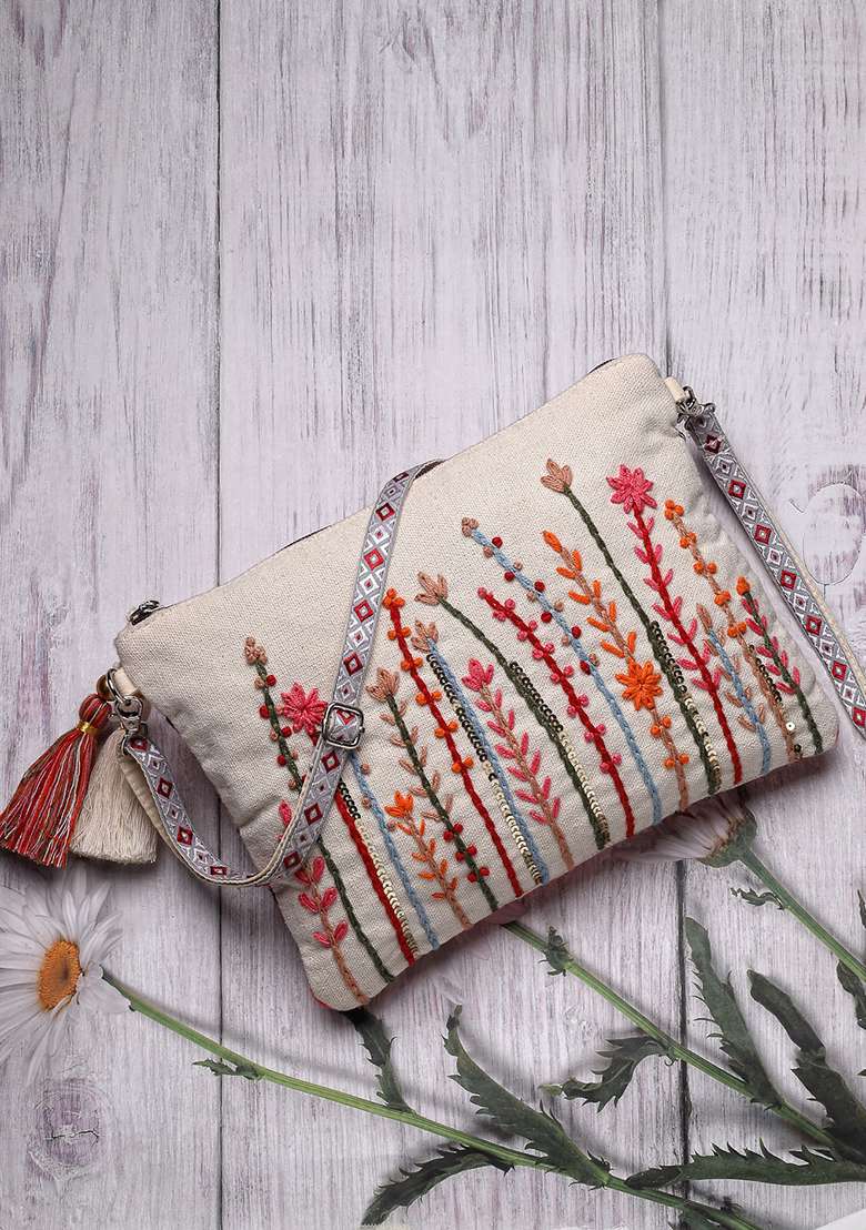Multicolor Embroidery Cotton Sling Bag - Indya