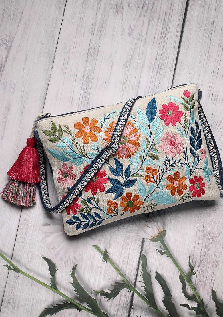 Multicolor Embroidery Cotton Sling Bag - Indya