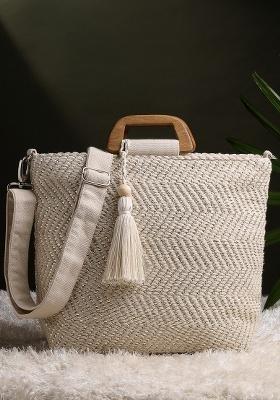 Natural And Metallic Silver Chevron Woven Cotton Handheld Bag