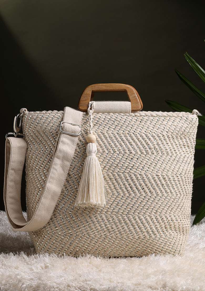 Natural And Metallic Silver Chevron Woven Cotton Handheld Bag - Indya