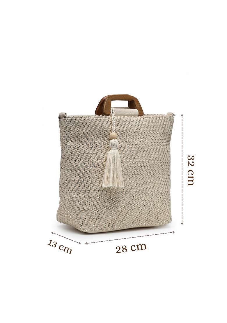 Natural And Metallic Silver Chevron Woven Cotton Handheld Bag - Indya