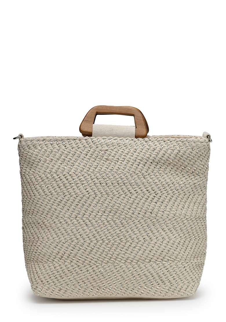 Natural And Metallic Silver Chevron Woven Cotton Handheld Bag - Indya