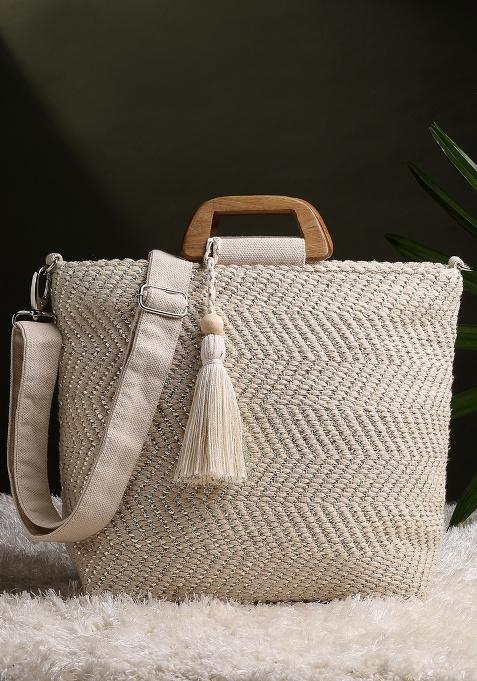 Natural And Metallic Silver Chevron Woven Cotton Handheld Bag